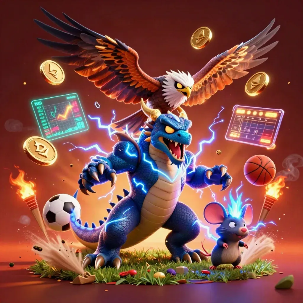 Thunder dragon, hawk, and mouse amid coins, lightning, and sports gear in cinematic key art.