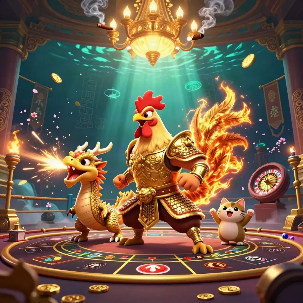Rooster warrior, dragon hatchling, and fortune cat in a glowing casino temple