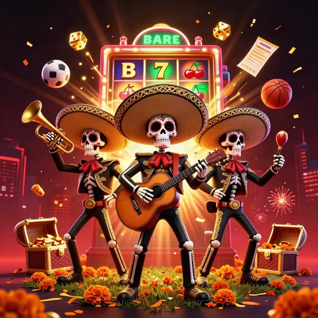 Day-of-the-Dead skeleton mariachi trio amid exploding slot symbols, gold dice, and a soccer ball.