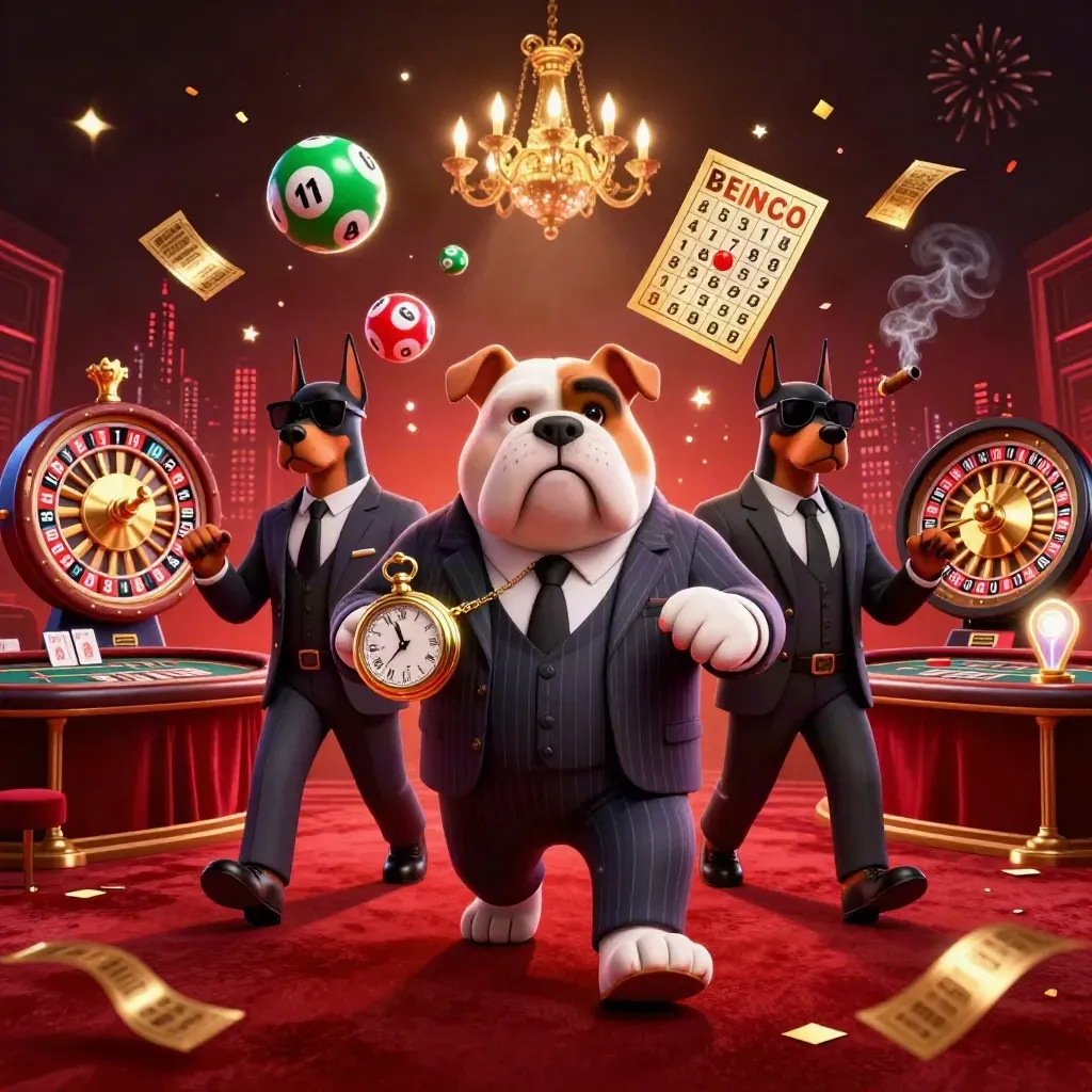 Bulldog boss and two Dobermans in a luxe casino room with lottery balls, wheel, confetti and fireworks.
