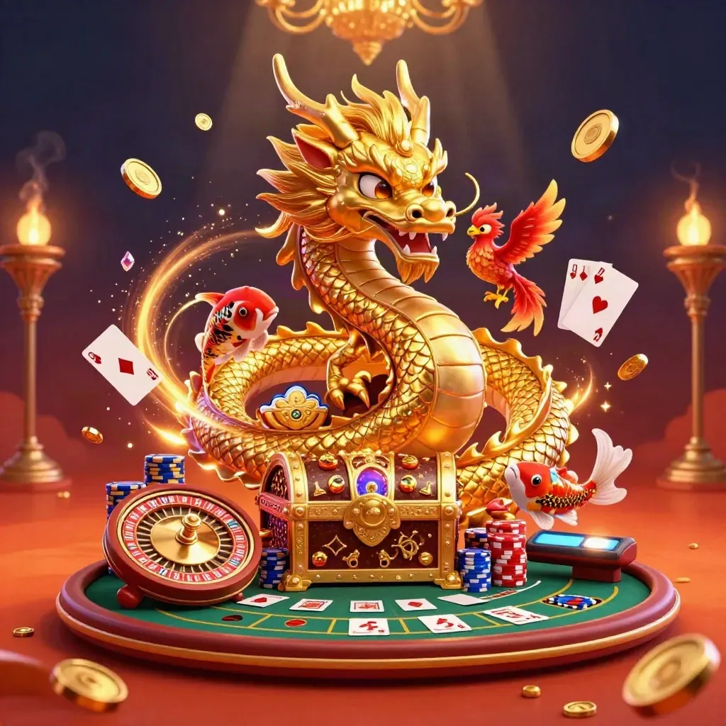 Golden dragon, phoenix, koi, roulette wheel, coins, cards and chips in a luxe casino splash scene.