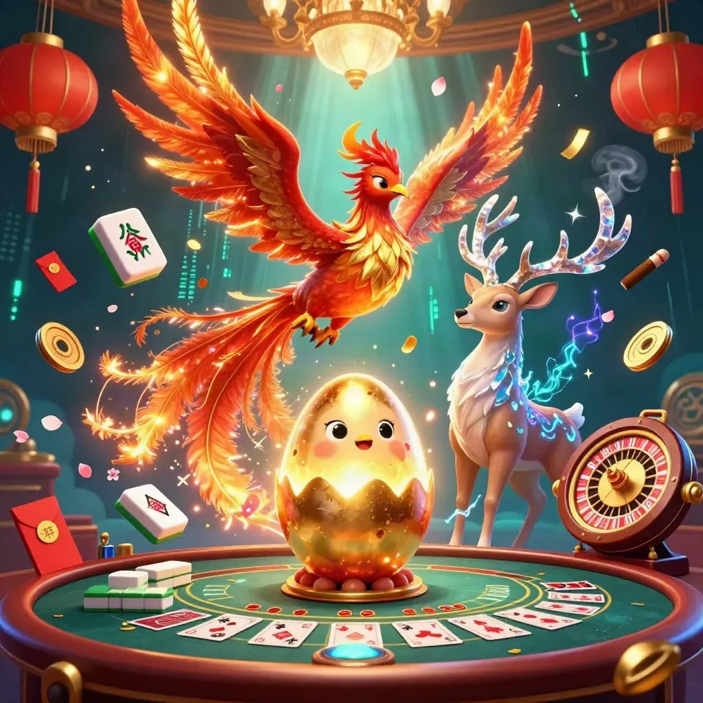 Phoenix, baby phoenix, and crystalline stag amid casino magic, lanterns, coins, and a chandelier.