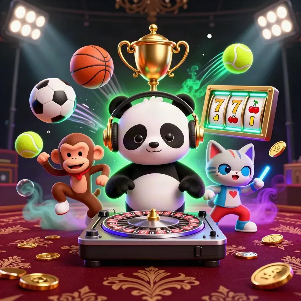 DJ panda, breakdancing monkey, and rave kitten amid casino lights and flying sports balls.