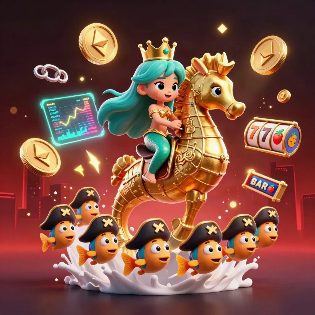 Mermaid princess on armored seahorse amid coins, charts, reels, and casino sparks.