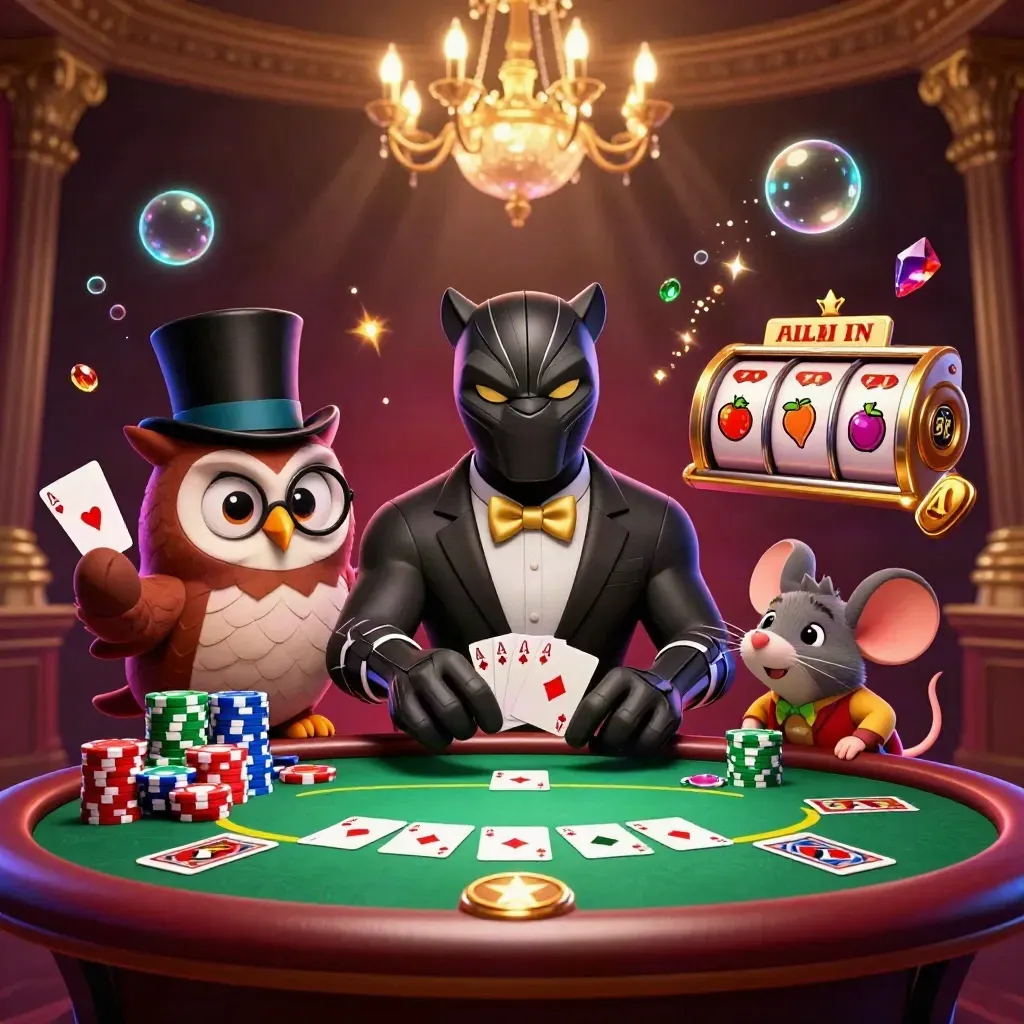 Panther, owl, and mouse casino heroes amid chips, cards, reels, and glowing luxury damask.