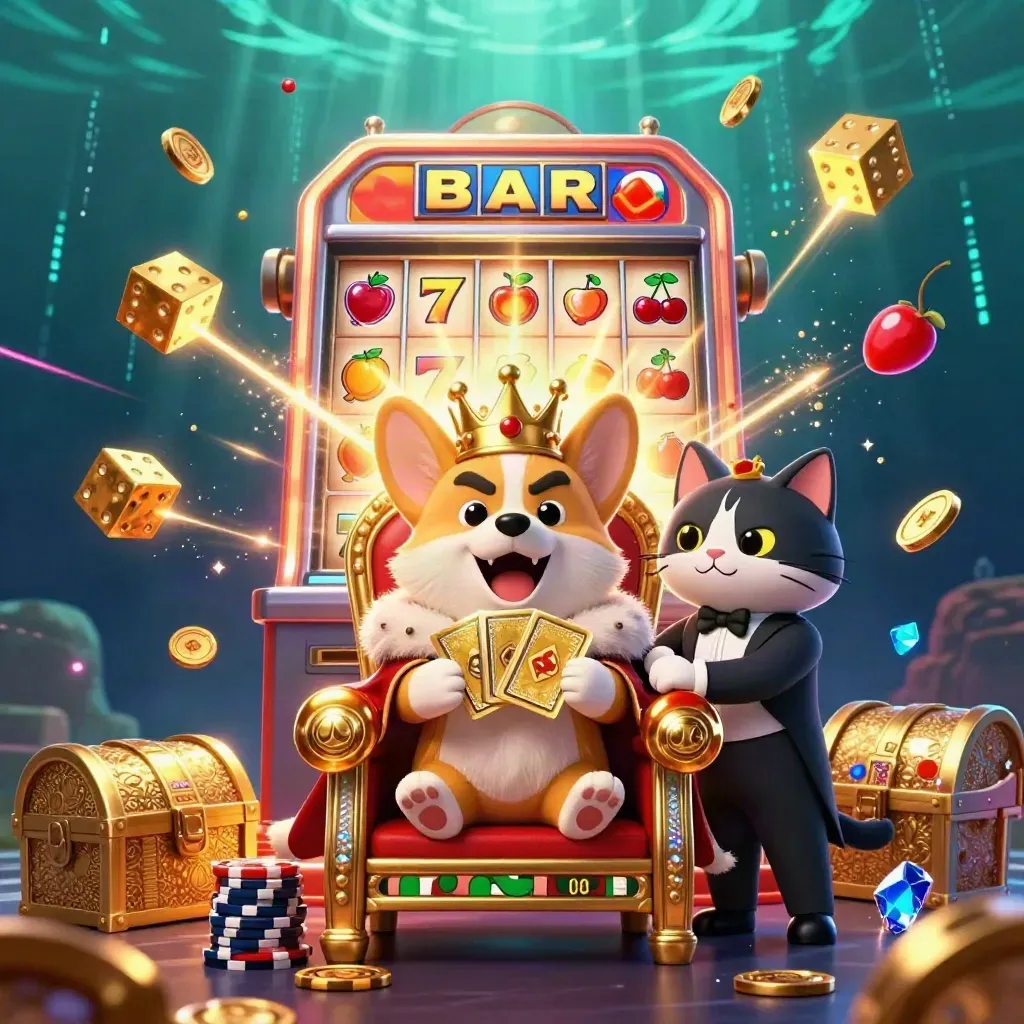 Royal corgi king and cat butler amid exploding gold, dice, and glowing casino magic