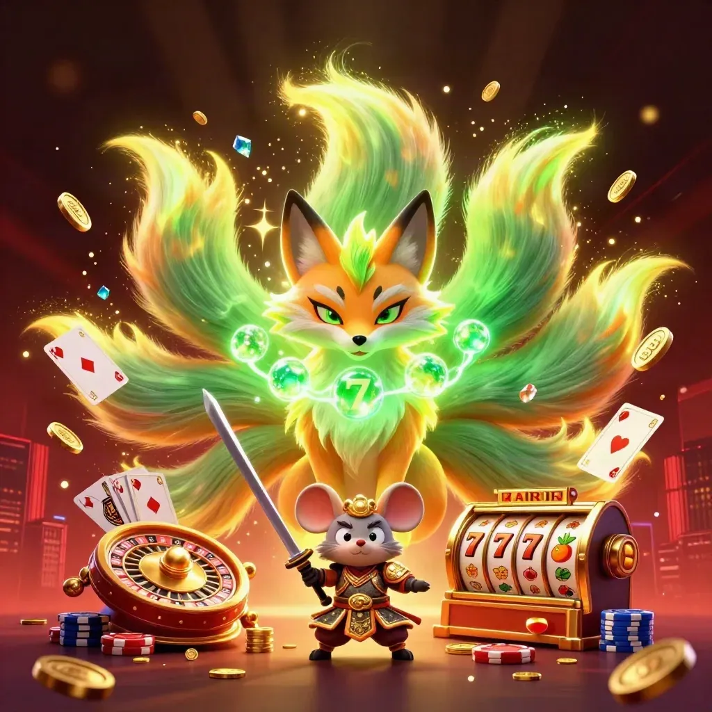 Nine-tailed fox spirit and armored mouse amid casino gold, chips, cards, and neon effects.