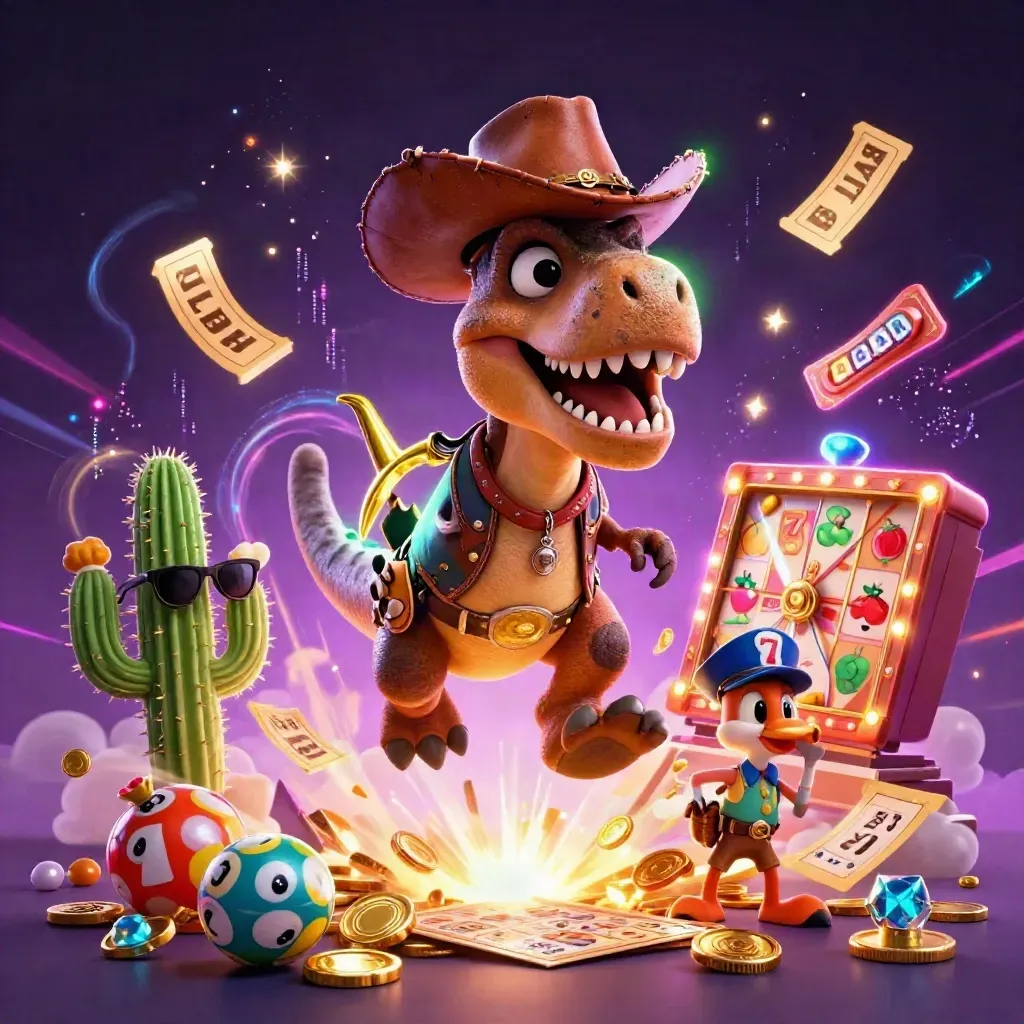 Cowboy T-Rex, cactus sidekick, and roadrunner burst through neon casino treasure and slot chaos.