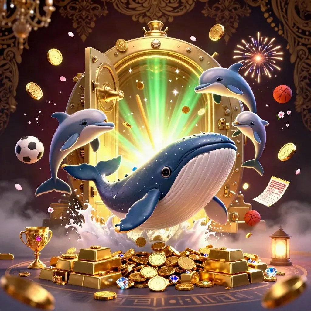 Captain whale, narwhal, and dolphins burst from a gold vault amid coins and fireworks.