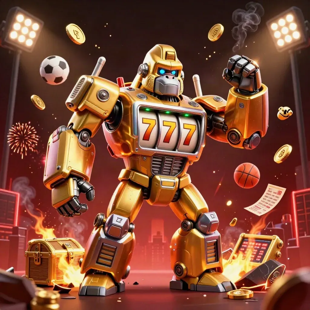 Golden gorilla mech with monkey pilot amid coins, sports balls, trophy, fire, and fireworks.
