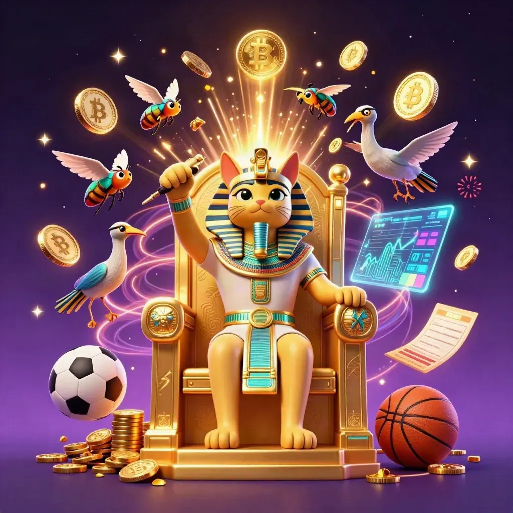 Pharaoh cat, ibis scribe, and scarabs amid treasure, neon coins, fireworks, and sports betting symbols.