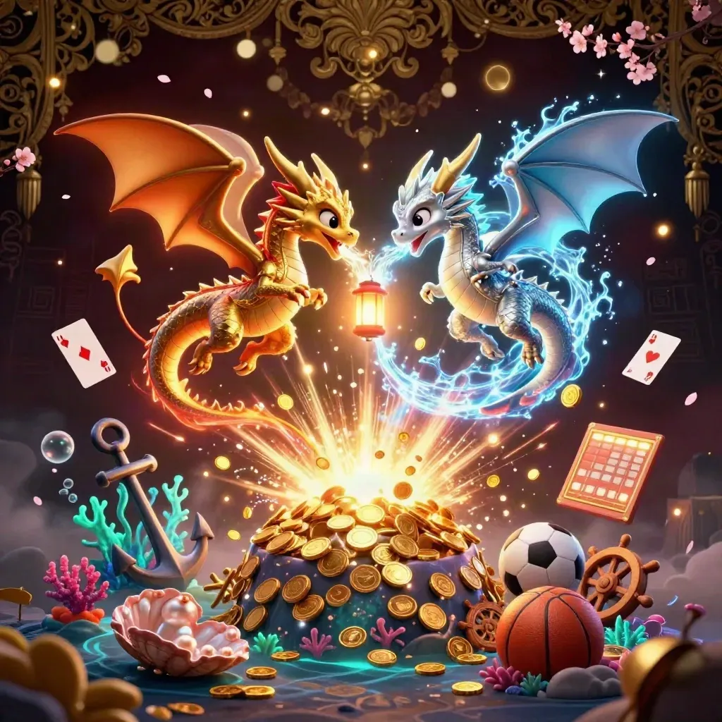 Twin gold and silver dragons swirl with coins, coral, and sports betting symbols in a luxe dark casino scene.