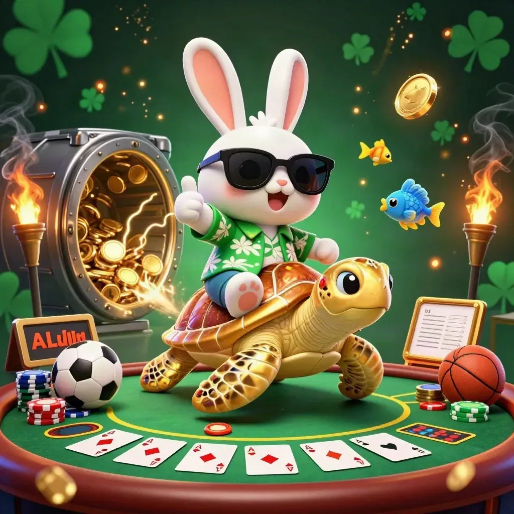 Lucky rabbit rides a golden turtle amid coins, chips, fireworks, and sports betting props.