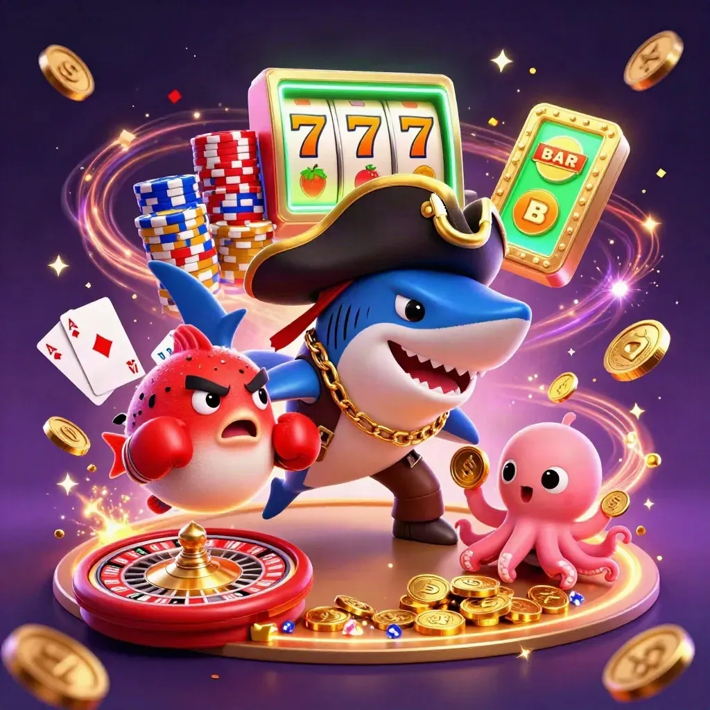 Pirate shark, boxing pufferfish, and juggling octopus amid casino coins, cards, chips, and neon sparks.