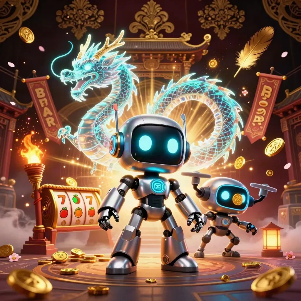 Robot mascot with holographic dragon and coin drone amid casino magic and temple lights.
