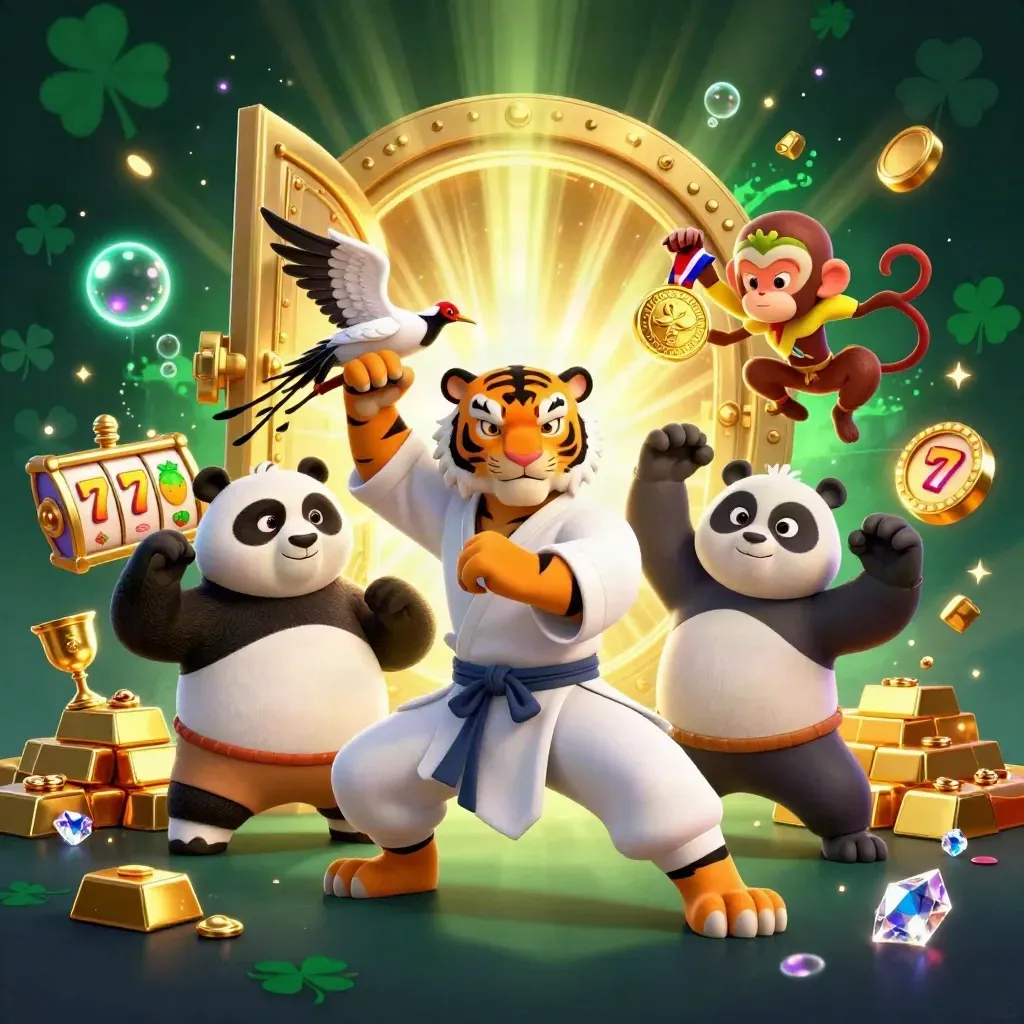 Tiger, panda, and monkey kung-fu trio amid a glowing treasure vault and casino loot