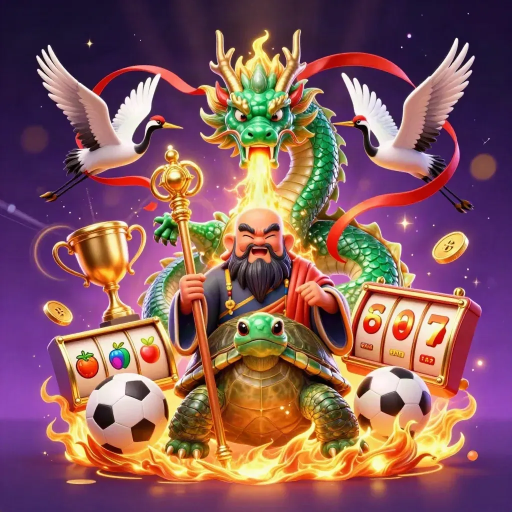 Emerald dragon, sage turtle, and cranes amid casino sparks, balls, coins, reels, and purple glow.