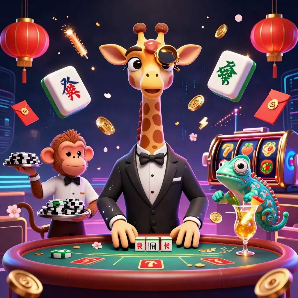Giraffe, monkey valet, and chameleon bartender in a neon casino scene with gold game elements.