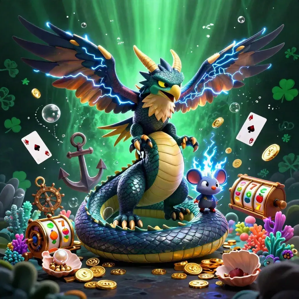 Thunder dragon, hawk, and mouse over a glowing underwater treasure cove with slots and gold.