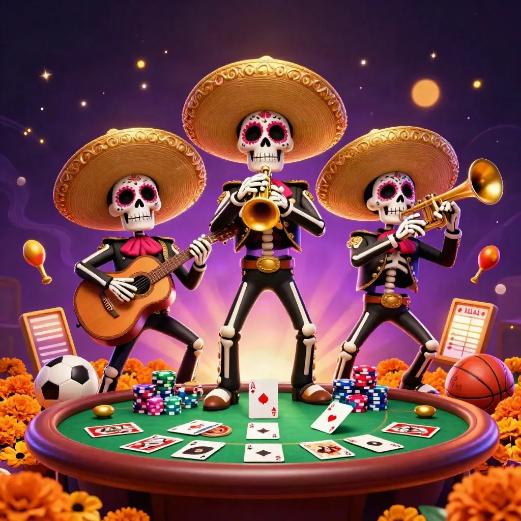 Day-of-the-Dead skeleton mariachi trio amid poker chips, cards, sports props, and neon casino light