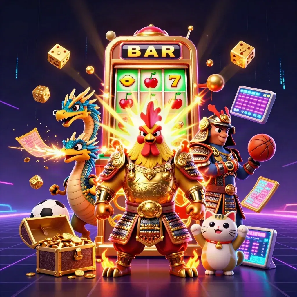 Rooster warrior, spark-breathing hatchling, and fortune cat amid casino loot and neon effects.
