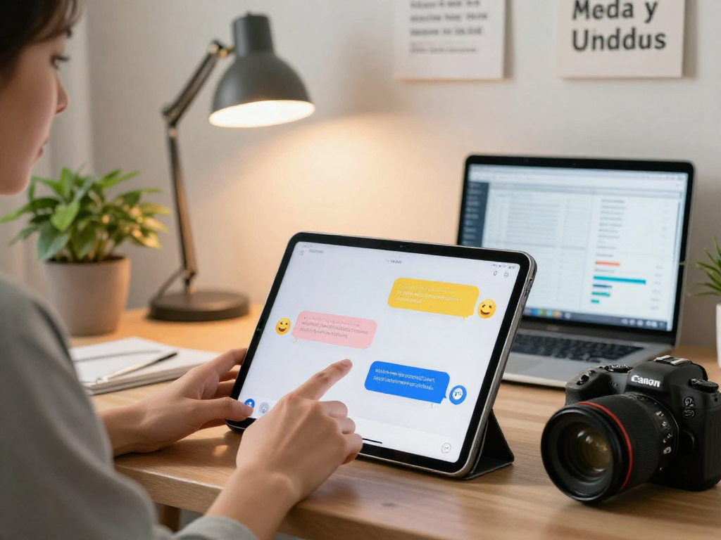 Engaging in juicy chat with a virtual assistant on a tablet in a cozy home office environment.