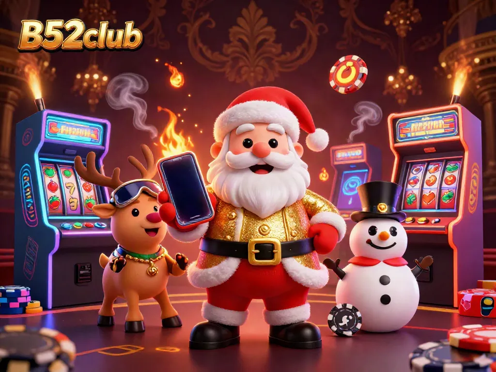 B52club jackpot scene with Santa, reindeer, and snowman enjoying colorful arcade games and slots