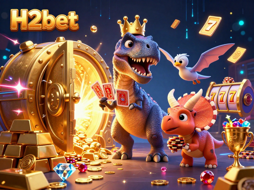 Experience the excitement of H2bet with a vibrant casino scene featuring a T-Rex and friends.