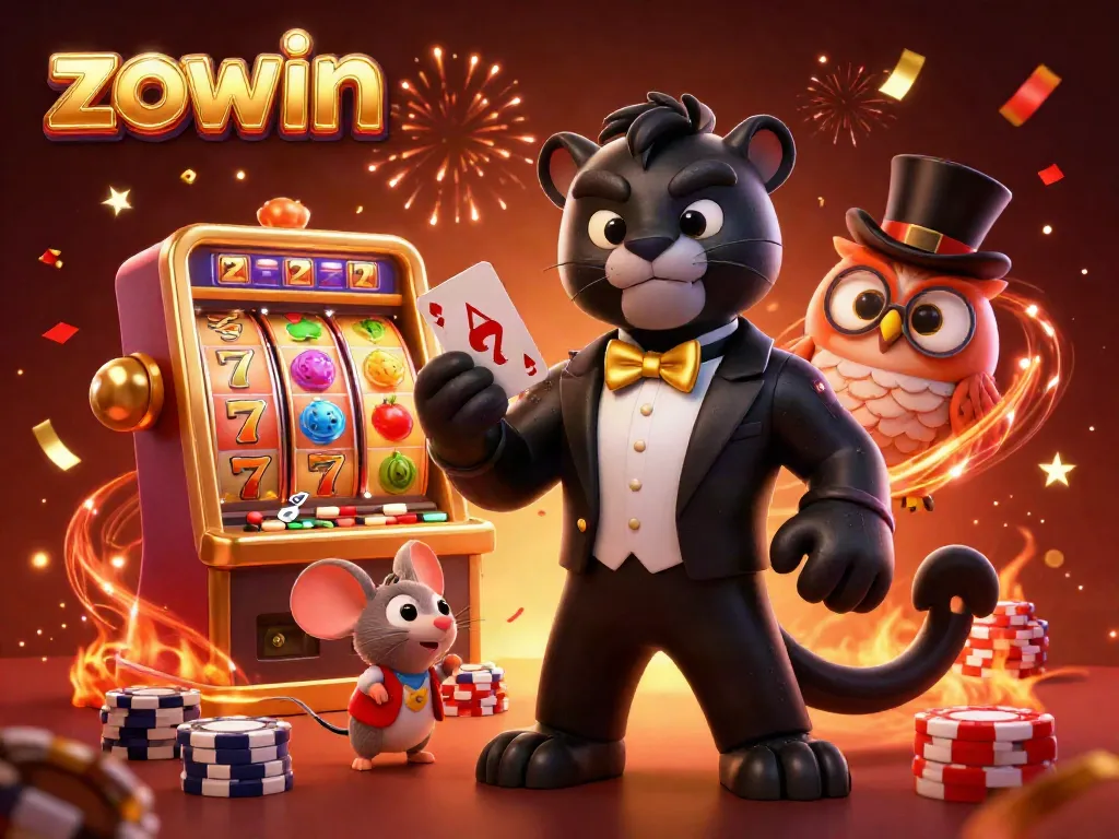 Zowin showcases a vibrant 3D casino scene with colorful slot reels and festive characters enjoying the game.