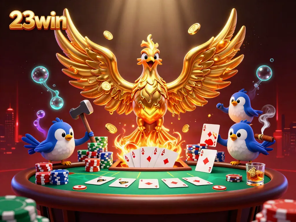 Experience thrilling gambling action with 23win's molten phoenix and poker scenes in a vivid 3D world.