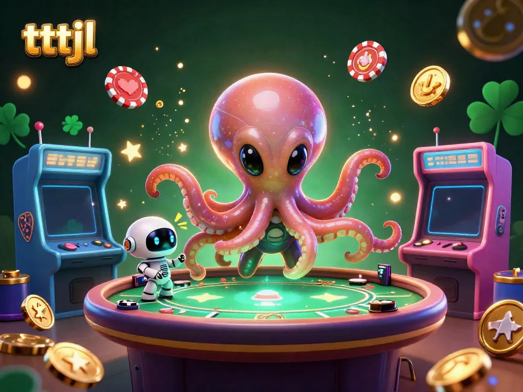 tttjl showcases an alien octopus at a holographic poker table, surrounded by glowing arcade elements.