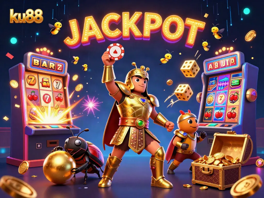 ku88 celebrates with vibrant characters and jackpot symbols in a lively online casino scene.