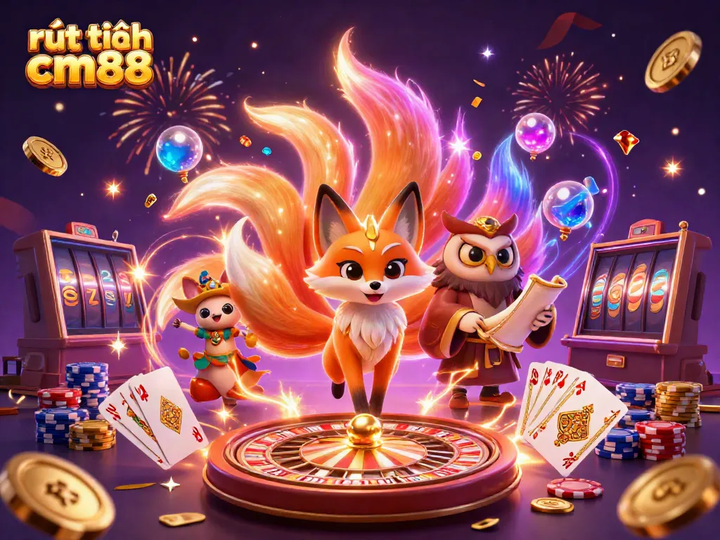 Experience rút tiền cm88 with this vibrant 3D illustration of a fox spirit, coins, and casino elements.