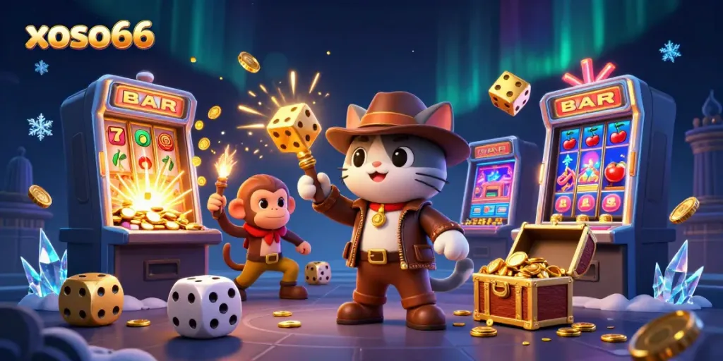 Experience the thrilling adventure with xoso66, featuring an explorer cat discovering a golden casino artifact!
