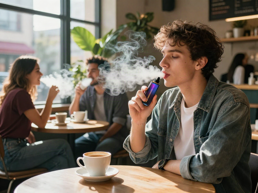 Engaged young person enjoying a raz vape in a trendy café setting, surrounded by friends.