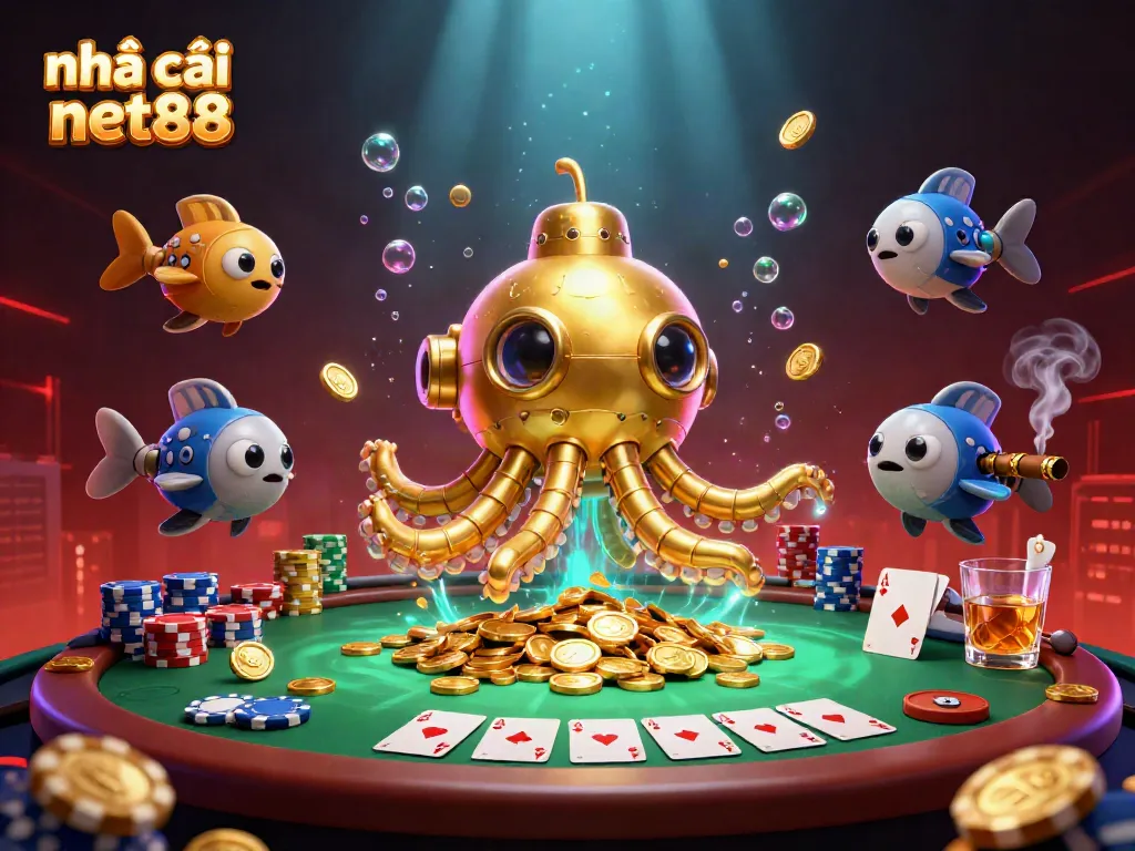Engaging scene showcasing nhà cái net88 with golden kraken submarine, poker elements, and vibrant casino ambiance.