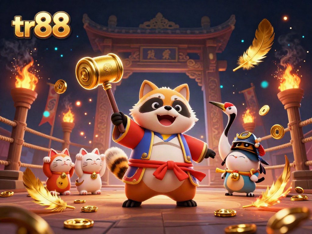 Experience the excitement of tr88 with a festive tanuki and lucky symbols in action.
