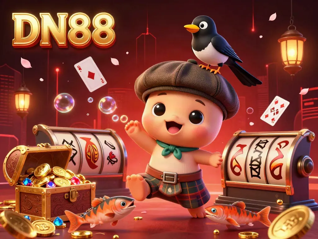 Engage with DN88's captivating 3D cartoon scene featuring Nessie and casino elements for an enriched gaming experience.