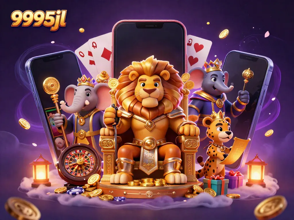 Experience the vibrant gaming world with the 9995jl lion king on a throne amidst thrilling casino elements.