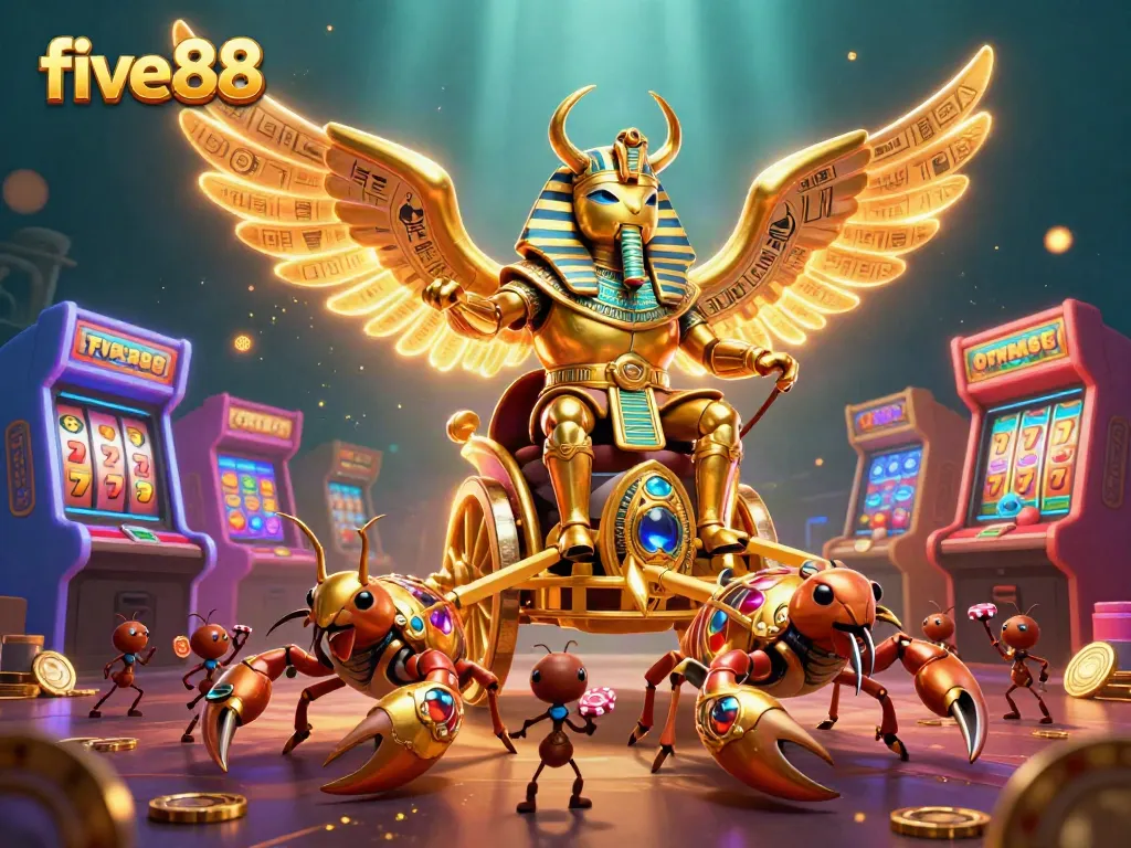 Experience the thrilling world of five88 casino with a colorful, engaging illustration of games and rich details.