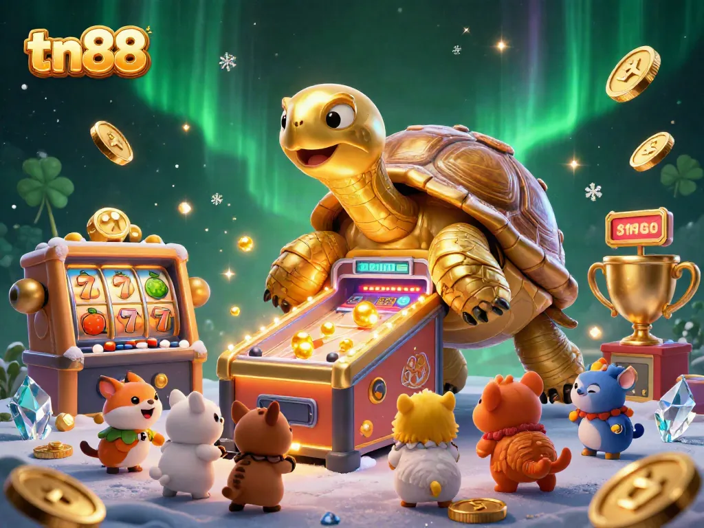 Engage with tn88's dynamic casino experience featuring a golden tortoise pinball machine and vibrant gaming elements.