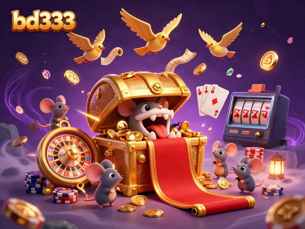 Experience the thrill of bd333 with a vibrant treasure chest, golden coins, and casino elements in a dynamic 3D scene.