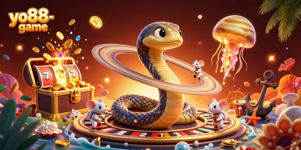 Experience the excitement of yo88-game as players bet on a cosmic roulette with vibrant casino elements.