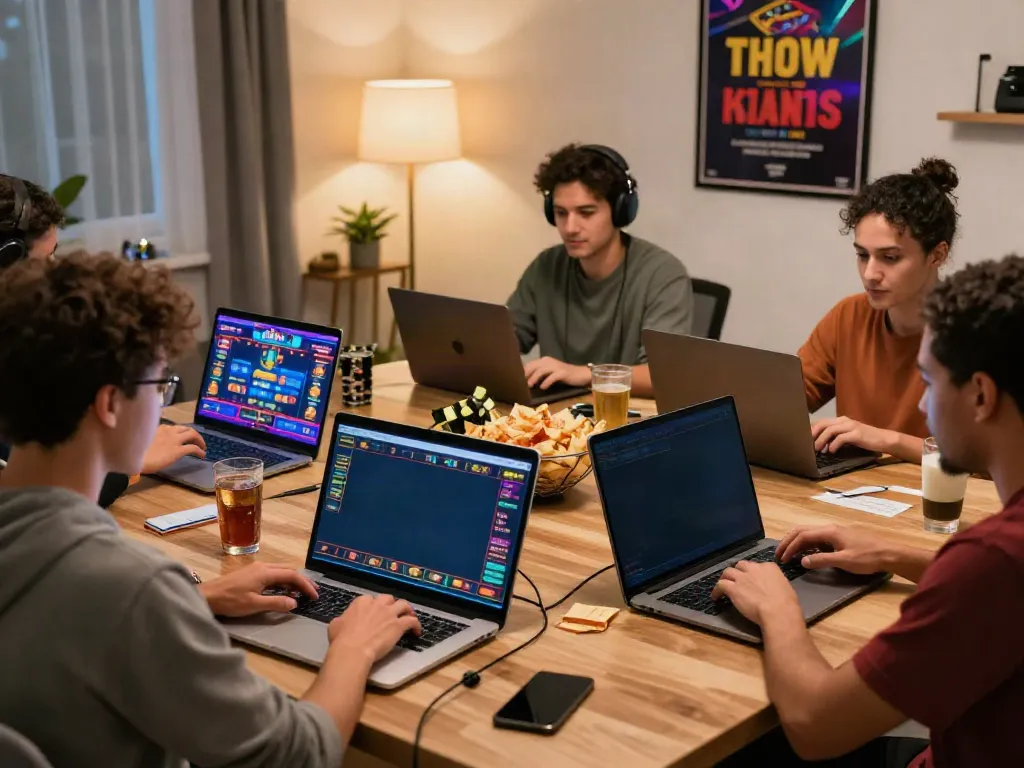 Exciting online betting experience at vin88com with players engaged in casino games in a cozy home office.