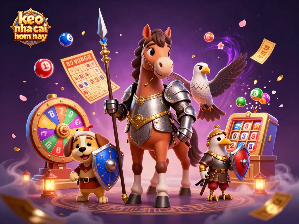Experience the excitement with keo nha cai hom nay as colorful lottery balls and festive elements surround playful characters.