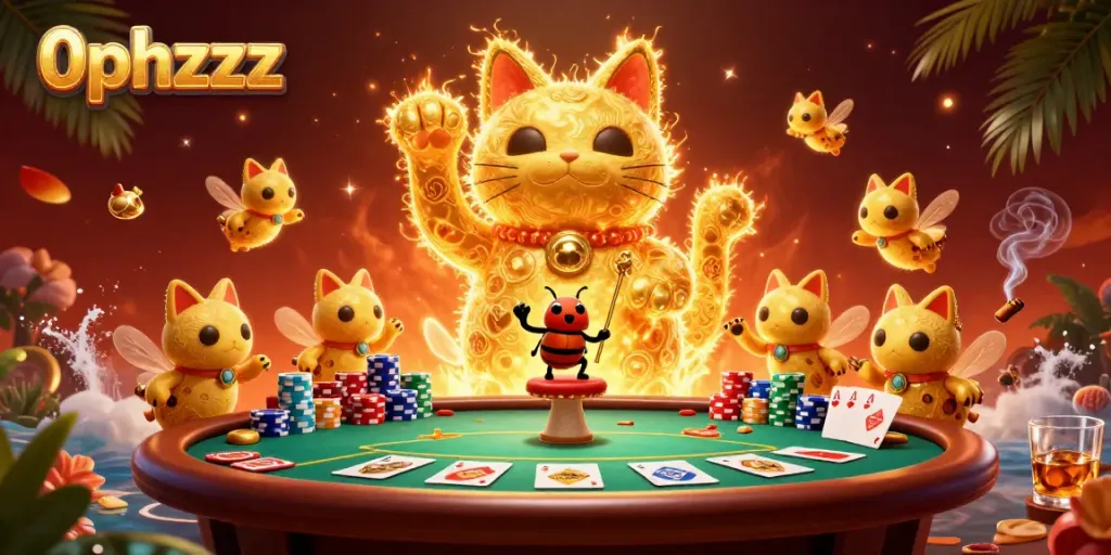 Engage in the exciting world of 0phzzz with a captivating lucky cat illustration surrounded by poker elements.