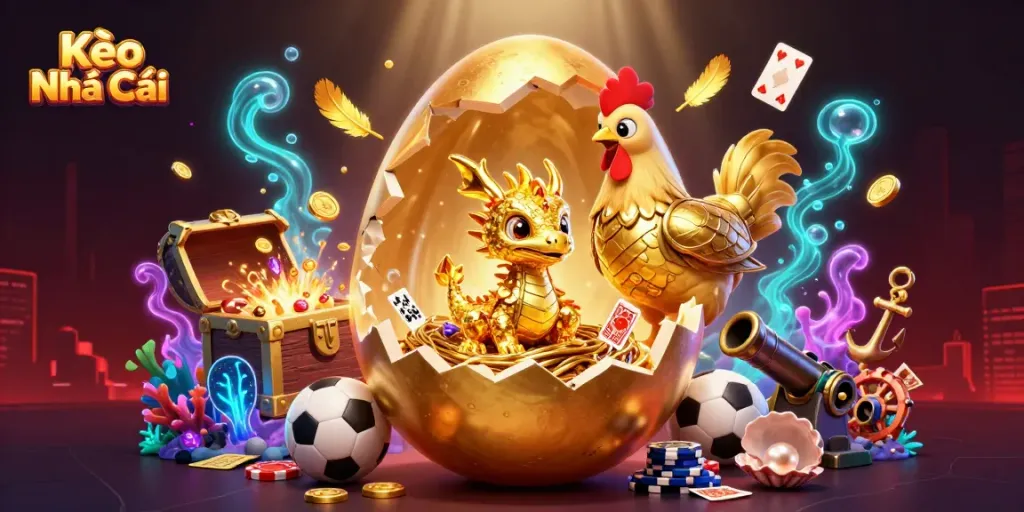 Kèo Nhà Cái showcases a golden egg and a baby dragon emerging on poker chips amidst sports betting theme elements
