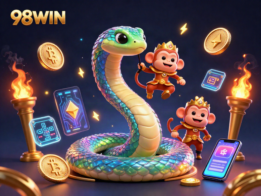 Experience vibrant excitement at 98WIN with animated gambling elements and playful characters.