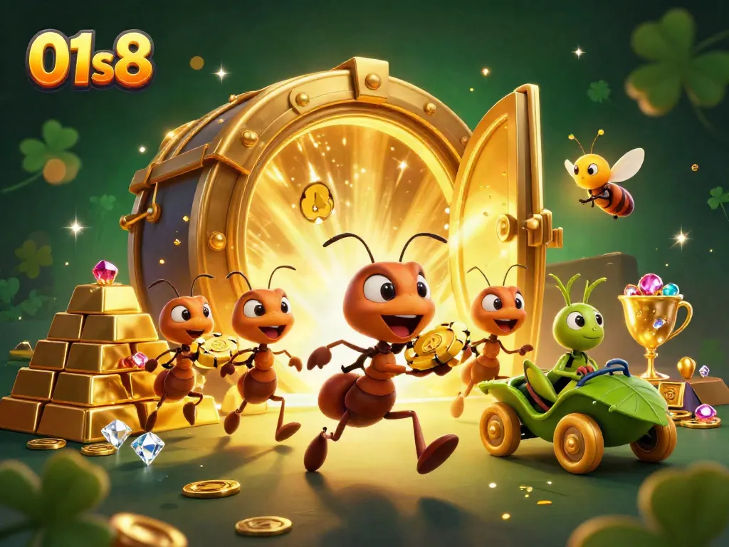 Engage in gaming action with 01s8 as ants heist golden treasures in a tunnel, highlighting playful adventure.