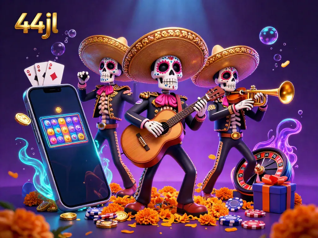 Engage with 44jl's colorful mariachis playing music amidst vibrant casino elements.